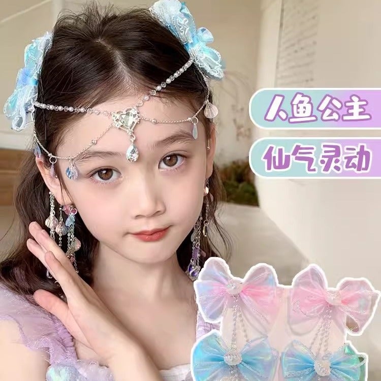 Children'S Mermaid Shell Hairpin Bowknot Girl'S Tassel Forehead Chain Princess Headwear Little Girl'S Ear Hanging Colorful - Image 3